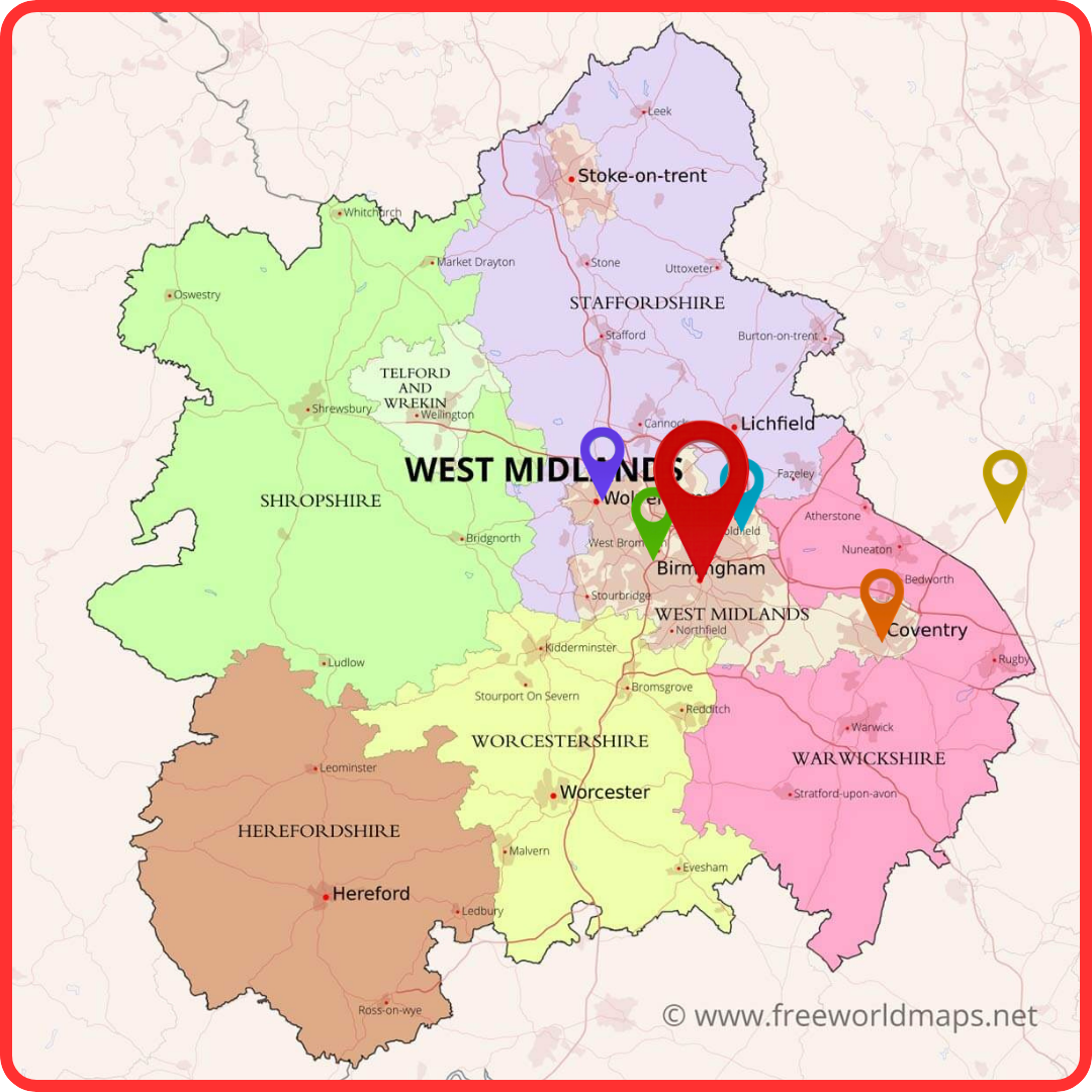 Map of UK showing DotAltEvents service areas across the Midlands and London